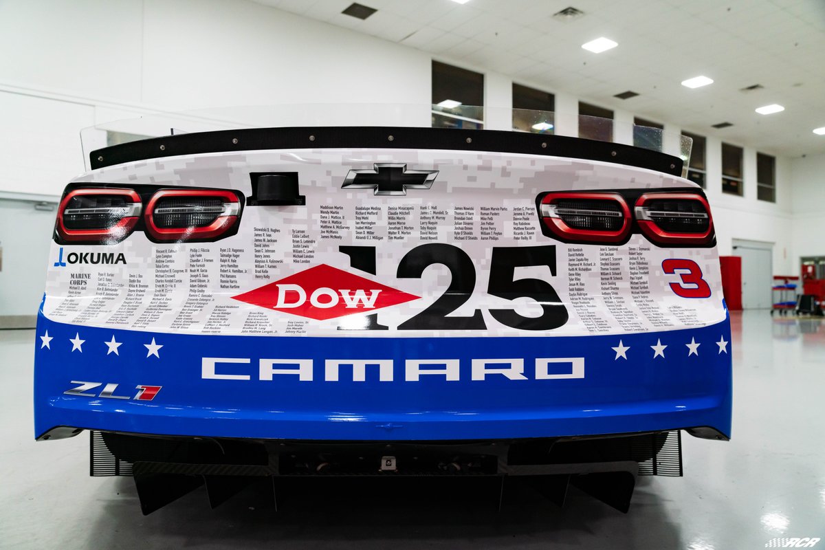 RCRracing's tweet photo. The #DowSalutesVeterans program has become a staple of RCR’s relationship with Dow, and a powerful platform to recognize Dow’s commitment to the virtues of military service. Come see the #3 in person at the @dowgbli July 12-17 in Midland, Michigan. #Inclusion #DowScienceFriday https://t.co/CX0slUddBm