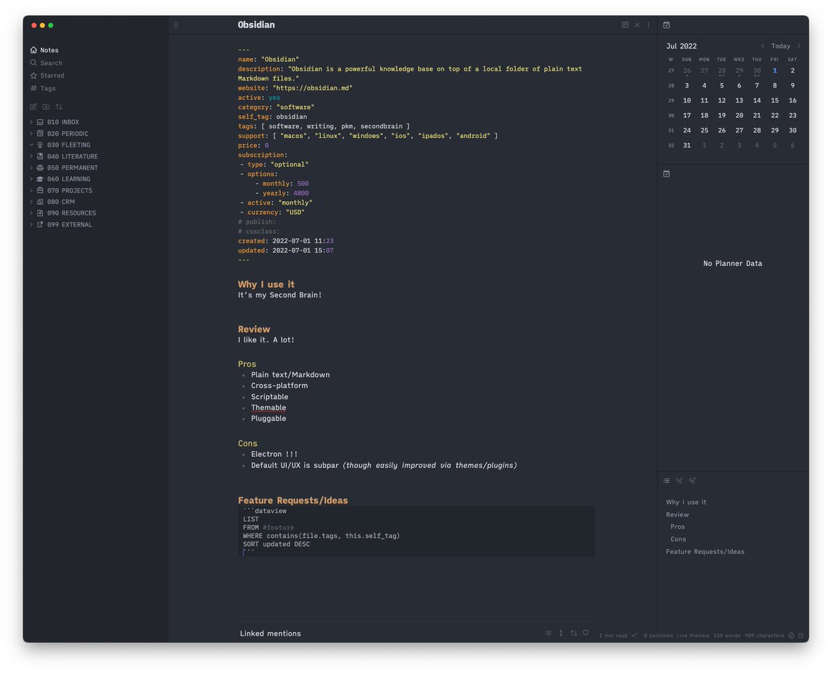 levifig's tweet image. Building a tech database (in this case, of software) in #Obsidian 😍
The #dataview query at the bottom lists all the notes with a #feature tag *and* an #obsidian tag (in this case). That way I can write random/loose feature requests notes & they all get collected here! 😍 #pkm