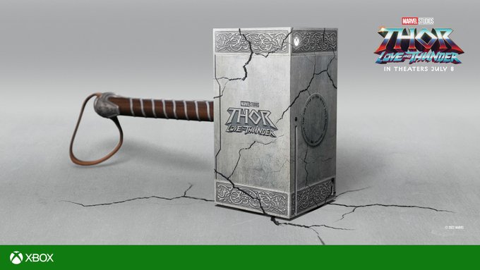 Image of a Marvel Studios Love and Thunder inspired Xbox Series X in the shape of a mjolnir next to text that reads, “ Marvel Studios Love and Thunder In Theaters July 8”