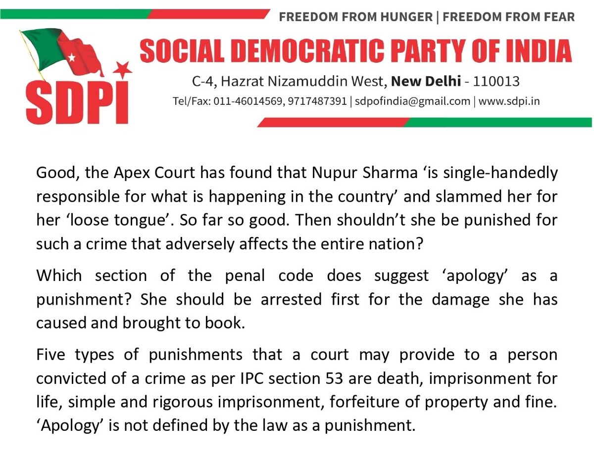 Good, the Apex Court has found that Nupur Sharma ‘is single-handedly responsible for what is happening in the country’ and slammed her for her ‘loose tongue’. So far so good. Then shouldn’t she be punished for such a crime that adversely affects the entire nation? #NupurSharama
