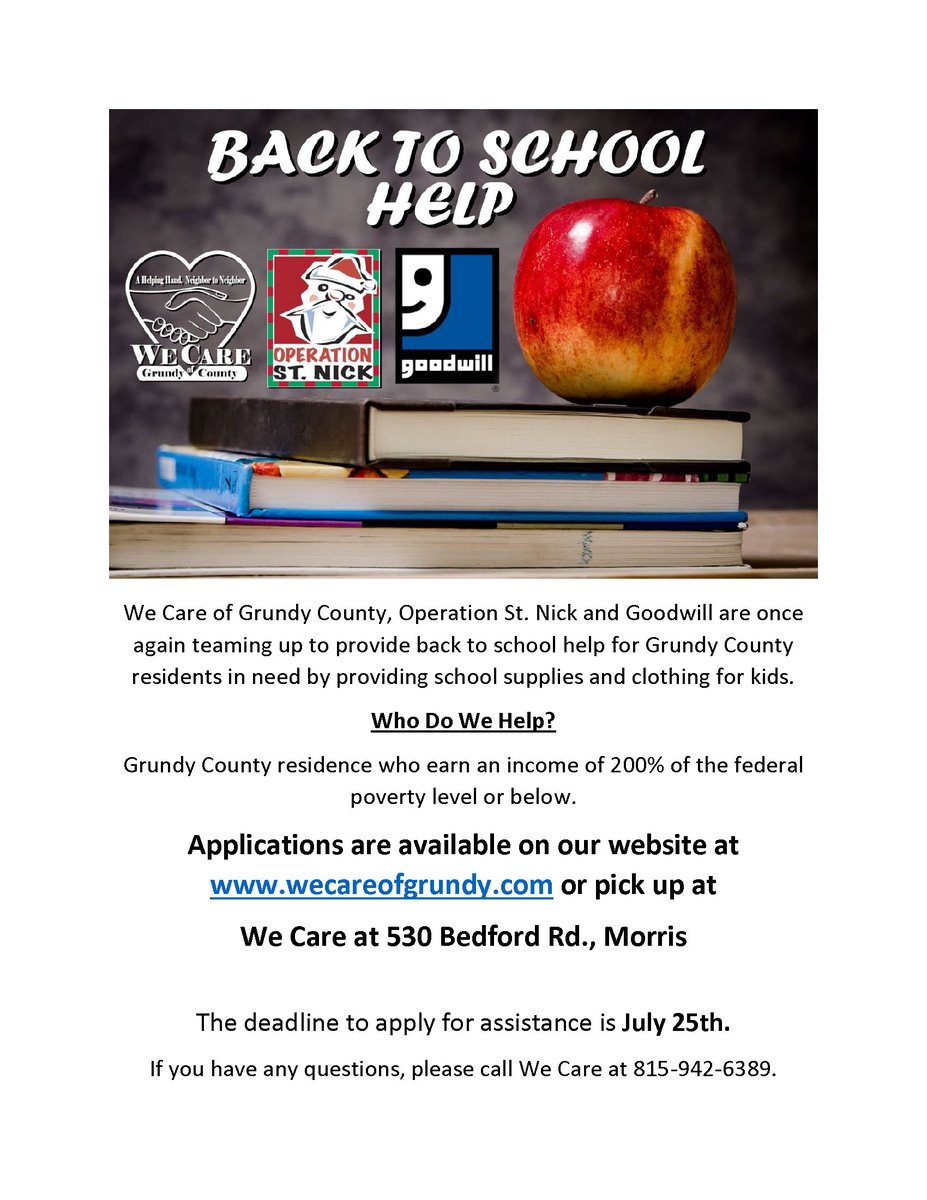 Grundy County families seeking help for back-to-school can pick up applications at We Care of Grundy County at 530 Bedford Rd. in Morris or online at wecareofgrundy.com/back-to-school…...
 Applications will need to be completed and returned via email by July 25th.
