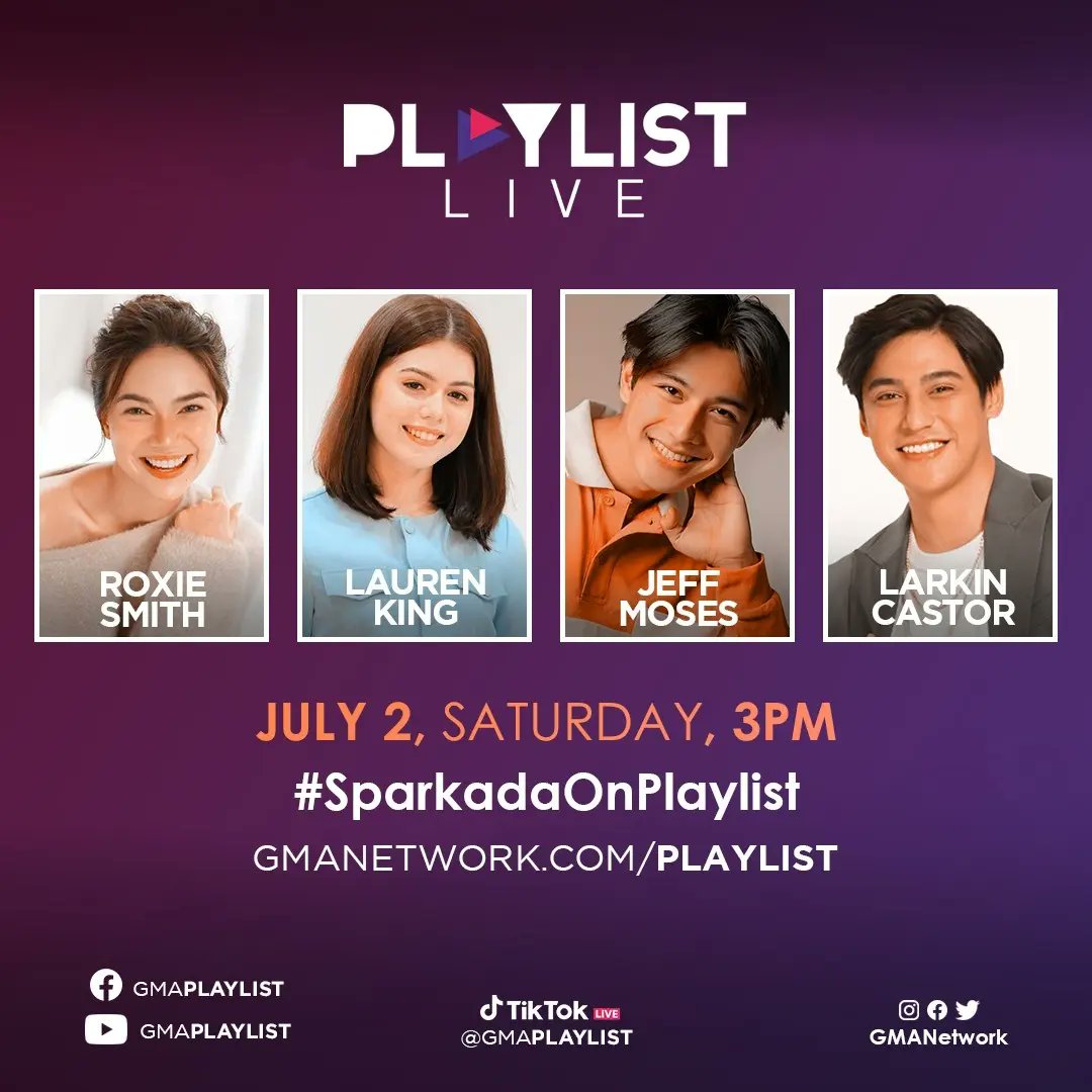 Spend your Saturday afternoon with your favorite barkada 😉

Catch #Sparkada's #RoxieSmith, #LaurenKing (<a href="/KingLauren20/">King_Lauren</a>), #JeffMoses (@HalaghayJeff), and #LarkinCastor (<a href="/LarkinCastor/">Larkin</a>) tomorrow, July 2, at 2PM on Playlist Live! #SparkadaOnPlaylist
