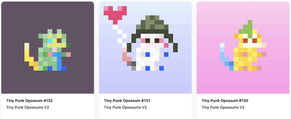 The tiny zoo has some new friends… check out my tiny oposse 🥰 <a href="/tinyopossums/">Tiny Punk Opossums 🏳️‍🌈🏳️‍⚧️ 0.0053E - 10% sold</a> mint live now, go get yours and show em off!!!

#tinyverse #pixelart #charity #wildlife