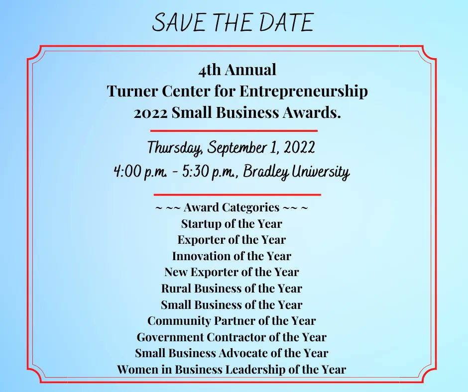 Save the Date!  
4th Annual Turner Center for Entrepreneurship 2022 Small Business Awards.
Registration is now open: buff.ly/3nvbrRy