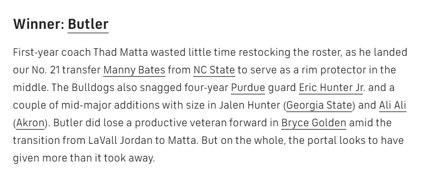 ButlerMBB's tweet photo. The Bulldogs get a 👍 from @CBSSportsCBB on the 2022 transfer portal cycle
--> https://t.co/qXKvhx0arV https://t.co/BJY2VAD0cb