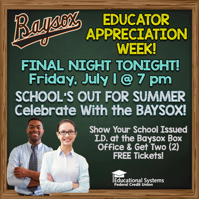 Chesapeake Baysox (@baysoxofficial) on Twitter photo Tonight is our final Educator Appreciation Night of the season! Educators can get two free tickets to tonight's game courtesy of <a href="/ESFCU/">Educational Systems Federal Credit Union</a>
🆚| <a href="/GoSquirrels/">Richmond Flying Squirrels</a>
⏱️| 7:05 pm
🎟️| atmilb.com/2TNxQw8 Tonight is our final Educator Appreciation Night of the season! Educators can get two free tickets to tonight's game courtesy of <a href="/ESFCU/">Educational Systems Federal Credit Union</a>
🆚| <a href="/GoSquirrels/">Richmond Flying Squirrels</a>
⏱️| 7:05 pm
🎟️| atmilb.com/2TNxQw8