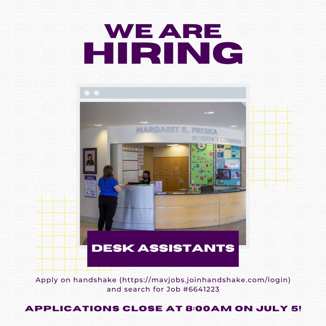 JSearsResHall's tweet image. Looking for a Job Fall Semester? How about a job confidently located in your community? Apply to be a Desk Assistant! Work in your community, get customer service experience, and get that bread while doing it! Check out the posting on Handshake today. 👍💜💛🍞🎉