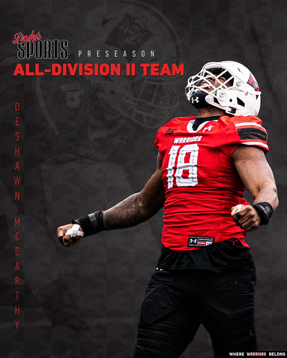 Deshawn McCarthy is a preseason All-American! 

The defensive end was named to the Lindy's Sports All-Division II First Team. He registered 13 sacks and 17.5 tackles for loss in 2021. 

📰: bit.ly/3QZLIyb

<a href="/ESU_Football/">ESU Football</a> x #WhereWarriorsBelong