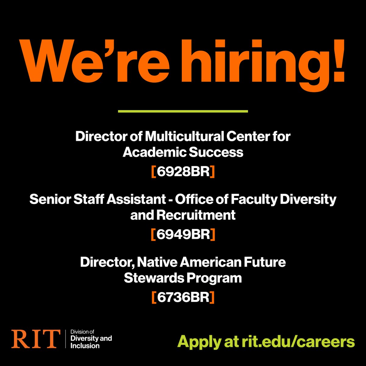 We currently have 3 job opportuntiies! If you or someone you know are looking for an opportunity to work in #diversity and #inclusion in #highered check out these jobs at rit.edu/careers