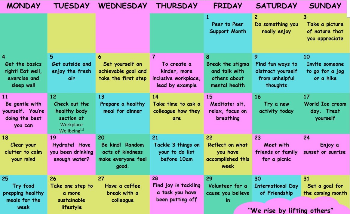 Now July is upon us.  Please find below the July Health and Wellbeing Calendar: