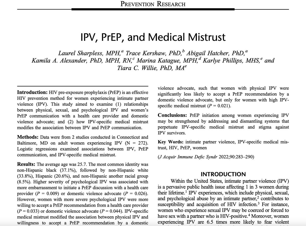 Our paper looking at the role of IPV-specific medical mistrust on PrEP communication with healthcare providers and DV advocates is out!!

Link: journals.lww.com/jaids/Abstract…