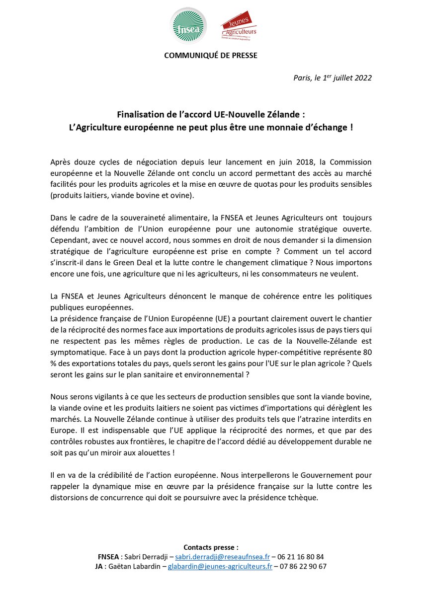 [#CP] Finalisation de l’accord UE-Nouvelle Zélande : L’Agriculture européenne ne peut plus être une monnaie d’échange !
Notre CP avec la <a href="/FNSEA/">La FNSEA</a> ici 👇
bit.ly/3bwB6q8