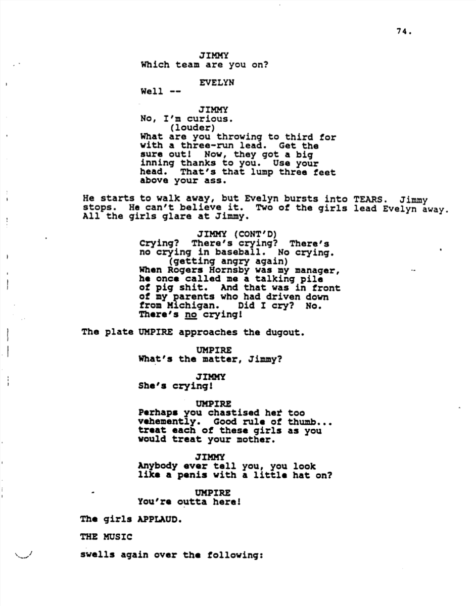 One_PerfectPage's tweet image. A League of Their Own (1992) By Lowell Ganz &amp;amp; Babaloo Mandel

Revised Fourth Draft dated 4/8/91, Page 74