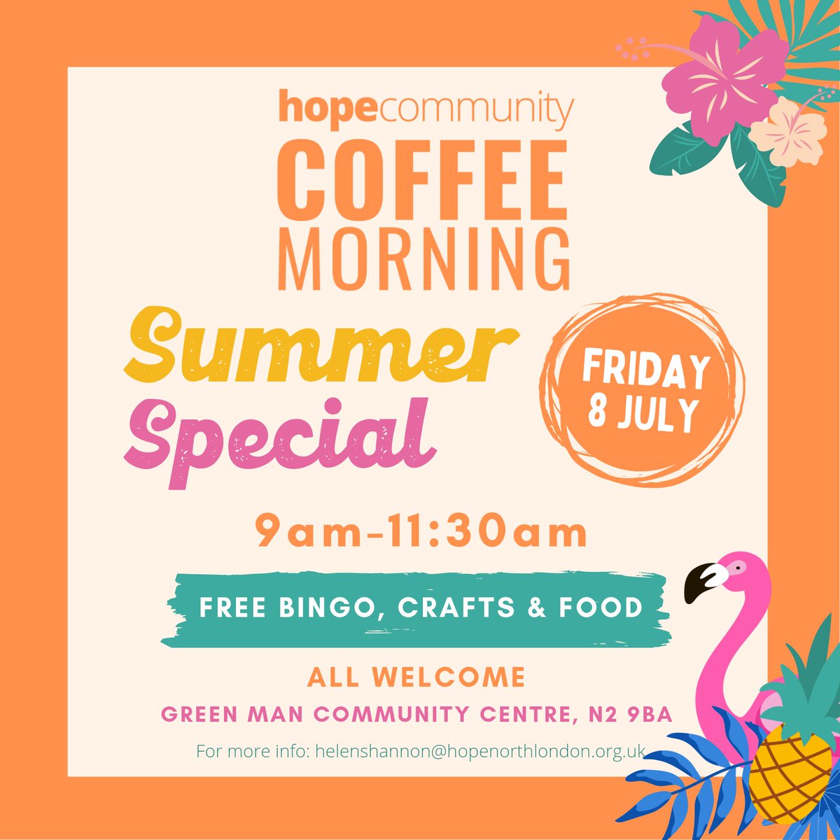 Hope North London (@hopenorthlondon) on Twitter photo Join us next Friday for our end of term
🌞Summer Special🌞 9am to 11.30am at <a href="/GreenManCentre/">Green Man Centre</a> with #FREE fun bingo, craft & food.
🦩Everyone's welcome🦩
<a href="/GrangeBL/">Grange Big Local</a> @N2United @N2FoodProject <a href="/N2Barnwood/">Barnwood N2</a> <a href="/EastFinchleyN2/">East Finchley</a> <a href="/eastfinchleyho1/">Eastfinchleyhour 🌈 💙💙💙💙</a> <a href="/TheArcherN2/">The Archer</a> Join us next Friday for our end of term
🌞Summer Special🌞 9am to 11.30am at <a href="/GreenManCentre/">Green Man Centre</a> with #FREE fun bingo, craft & food.
🦩Everyone's welcome🦩
<a href="/GrangeBL/">Grange Big Local</a> @N2United @N2FoodProject <a href="/N2Barnwood/">Barnwood N2</a> <a href="/EastFinchleyN2/">East Finchley</a> <a href="/eastfinchleyho1/">Eastfinchleyhour 🌈 💙💙💙💙</a> <a href="/TheArcherN2/">The Archer</a>