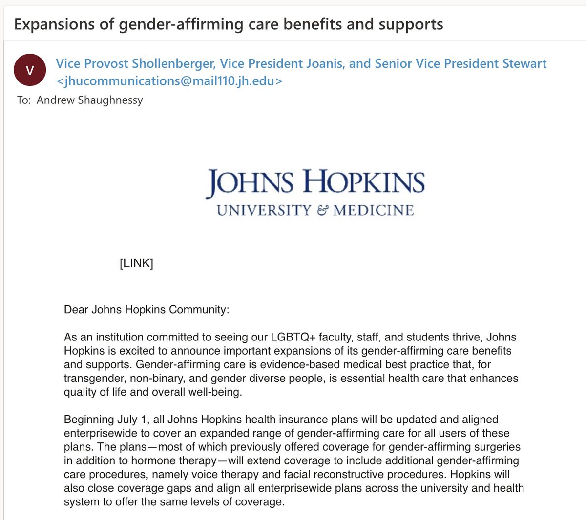andrewshag's tweet photo. HUGE NEWS! Beginning July 1, all Johns Hopkins health insurance plans will include gender-affirming care coverage. A WONDERFUL step forward for transgender and non-binary health care! 

#GenderAffirmingCare #Healthcare #Transgender #HealthCareIsARight #Health https://t.co/PCIeSqhMfG