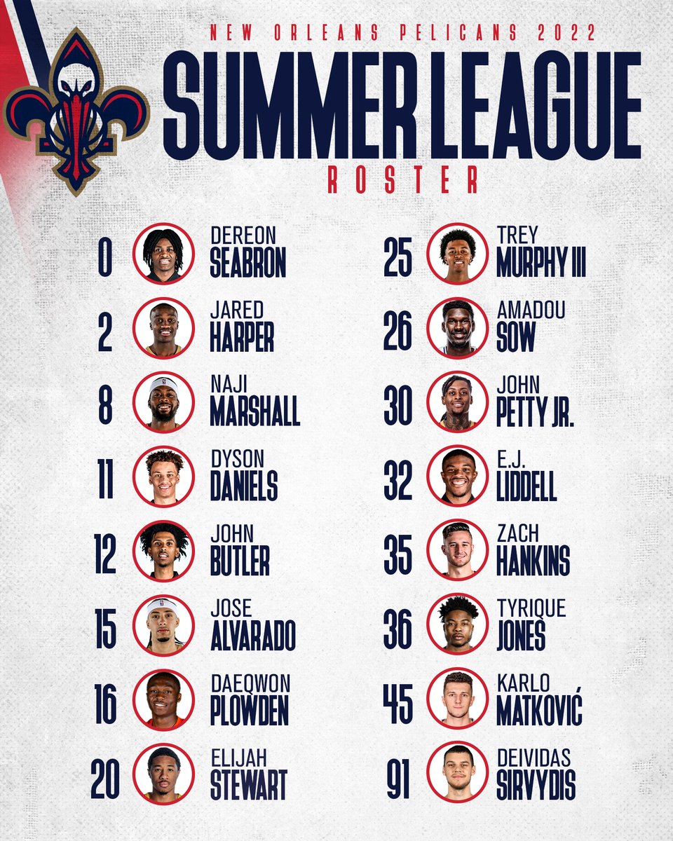 New Orleans Pelicans (@pelicansnba) on Twitter photo Pelicans announce 2022 <a href="/NBASummerLeague/">NBA Summer League</a> Roster!
Pelicans Assistant Coach Jarron Collins will serve as the head coach of the #SummerPelicans
Story: neworlns.co/Summer2022 Pelicans announce 2022 <a href="/NBASummerLeague/">NBA Summer League</a> Roster!
Pelicans Assistant Coach Jarron Collins will serve as the head coach of the #SummerPelicans
Story: neworlns.co/Summer2022