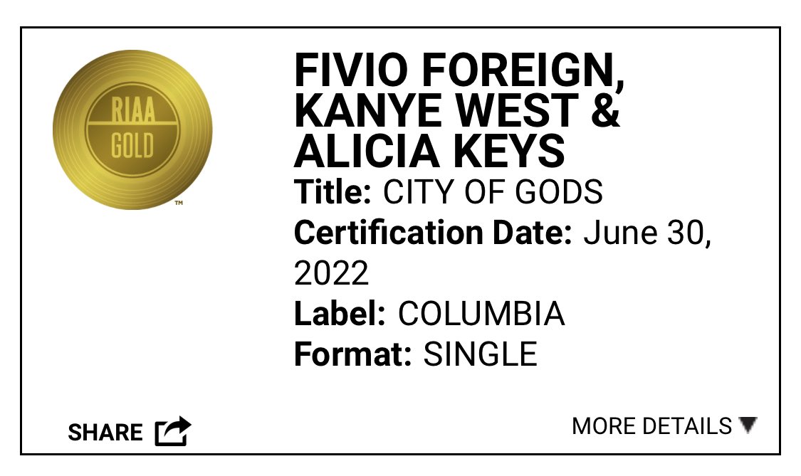 “City Of Gods” by <a href="/FivioForeign/">Fivio Foreign</a> <a href="/kanyewest/">ye</a> And <a href="/aliciakeys/">Alicia Keys</a> is now certified Gold in the US by the <a href="/RIAA/">Recording Industry Association of America (RIAA)</a>.