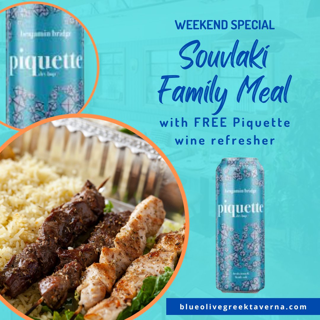 BlueOliveGT's tweet photo. ❄️ FREE Benjamin Bridge Piquette cans for every Souvlaki Weekend Special for 2 or 4 persons 💯 Now you have a delicious new way to sip, unwind and enjoy your juicy meat or veggie skewers 🤤
▶️Order online at https://t.co/ifvOJdbmkr for takeout &amp; delivery https://t.co/iOl39O7UXX