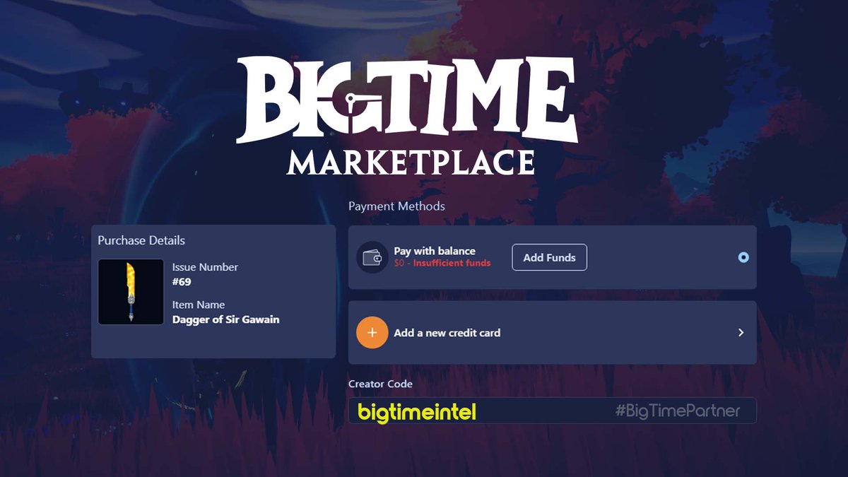 bigtimeintel's tweet image. Good news! You can use a credit card if you want to purchase items on the Big Time Marketplace.

Also don&apos;t forget you can use code:bigtimeintel if you want to support us! #bigtimepartner