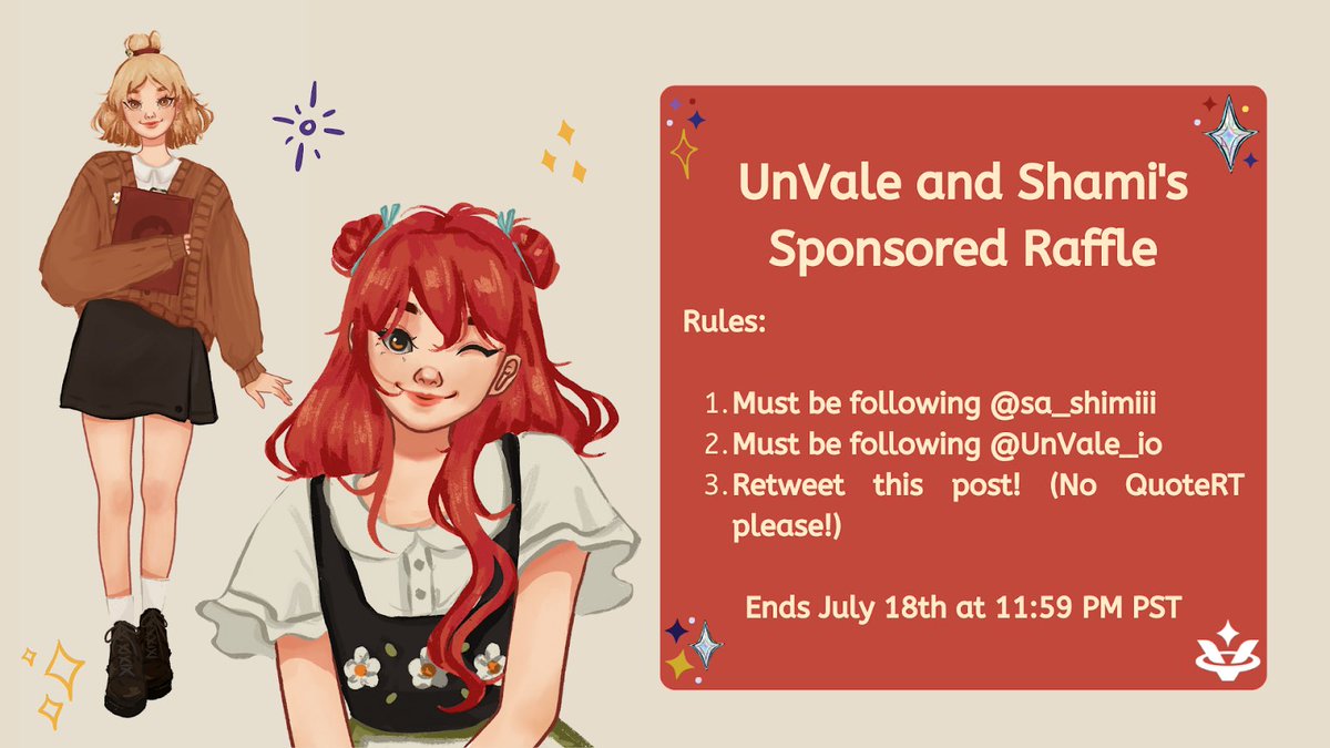 sa_shimiii's tweet photo. ꒰ SPONSORED ART RAFFLE ꒱

one person will receive a full-body commission from me sponsored by @UnVale_io ଘ(੭ˊᵕˋ)੭

rules: 
✧ must be following @sa_shimiii
✧ must be following @UnVale_io
✧ retweet this post! ♡
✧ additional entry: tag friends!!

ends July 18th (*ᴗ͈ˬᴗ͈) https://t.co/WIGwYLK9f2
