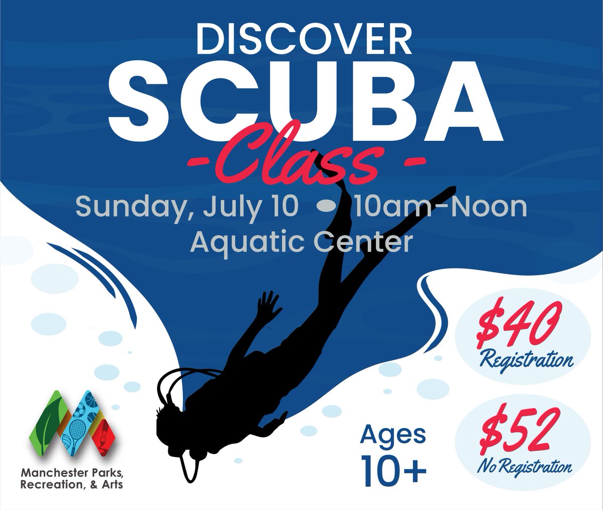 Last chance to sign up for 2 hour Intro to Scuba featuring the incredible instructors from Y-kiki Divers! Visit manchestermo.gov/parks to register!