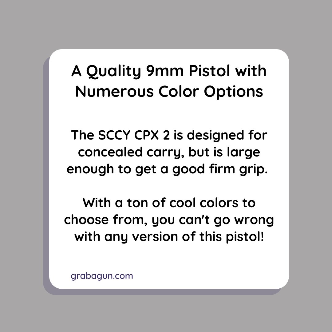 grabagun's tweet photo. The SCCY CPX 2 is a quality 9mm pistol with numerous color options. 

Swipe to learn more about this CPX 2!

#grabagun #cpx2 #sccycpx2 #sccy #concealedcarry #Gun #gunstore #gundeals #featurefriday https://t.co/iRgULYGRiy