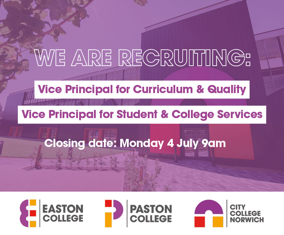 norwichcollege's tweet photo. Applications close on Monday for our two vice principal roles to support work across City College Norwich, @easton_college and @PastonCollege.

Find out more: https://t.co/yDTovIdA5w

#viceprincipal #educationjobs #workingineducation #Norfolk #EduJobs #FE #Norwich #jobs #teaching https://t.co/QCSupv1TaV