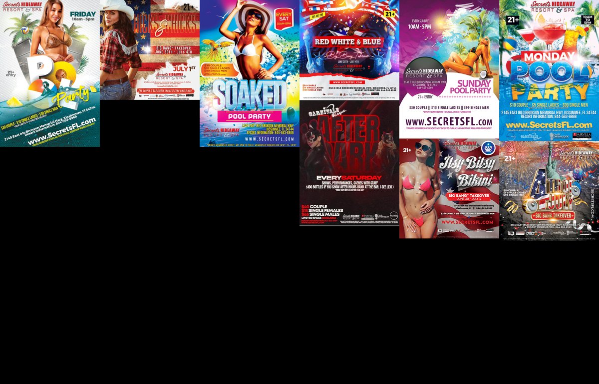 This Weekend at Secrets Hideaway™: Friday Pool Party, Hicks & Chicks, Saturday Pool Party, Red, White & Blue, After Dark in Club Swinkster, Sunday Pool Party, Itsy Bitsy Bikini, Independence Day: Big Bang Takeover