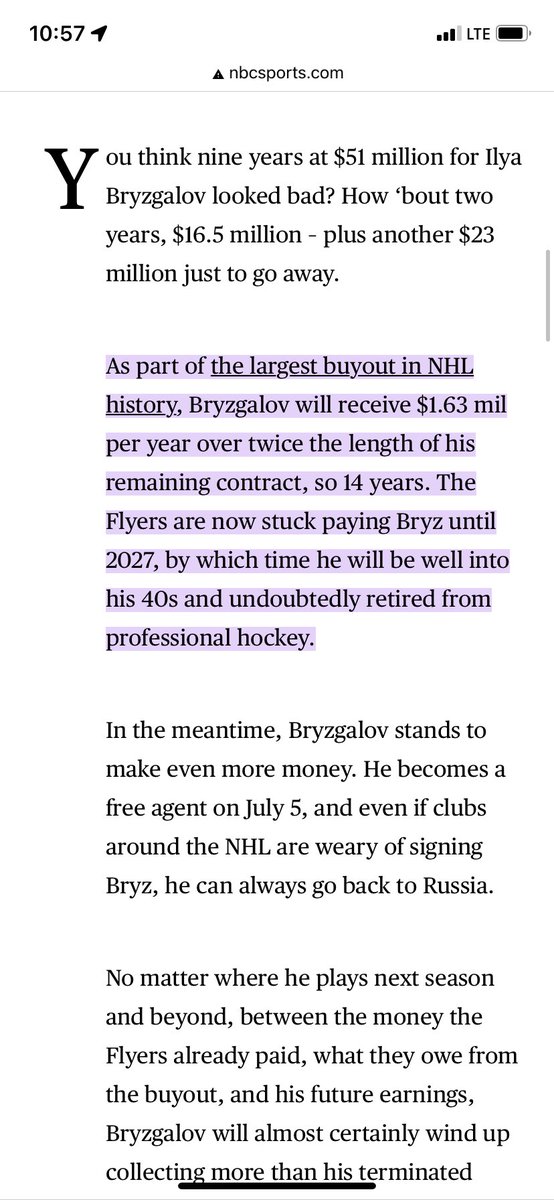 SUDZIE_B's tweet photo. @JacobBillingt10 Donโt feel so bad. @flyer are still paying and will continue to pay Bryzgalov $1.63 mil per year until 2027. Article in screenshot is from 2013. #WorstContractEver https://t.co/jrS2hyKFCi