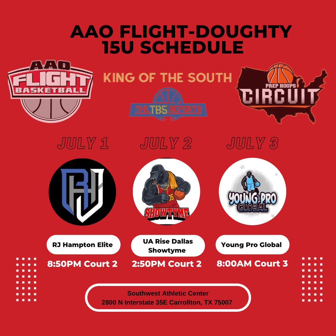 Our 16U and 15U <a href="/RiseCircuit/">UA Rise Circuit</a> teams, along with our 15U <a href="/PrepHoops/">Prep Hoops 🏀</a> team are back in action today as we start off a big July at “King Of The South” in Carrollton, TX <a href="/TheTB5Reports/">TheTB5Reports</a> #KOTS 

<a href="/GradyMajors/">Grady Majors</a> <a href="/ARHoopScoop/">Kevin McPherson</a> <a href="/big73miller/">Kevin Miller</a> <a href="/ARPrepSports/">Arkansas Prep Sports</a> <a href="/CoachStark_22/">DaShaun Stark</a> @PgCameronn #FlyWithUs✈️
