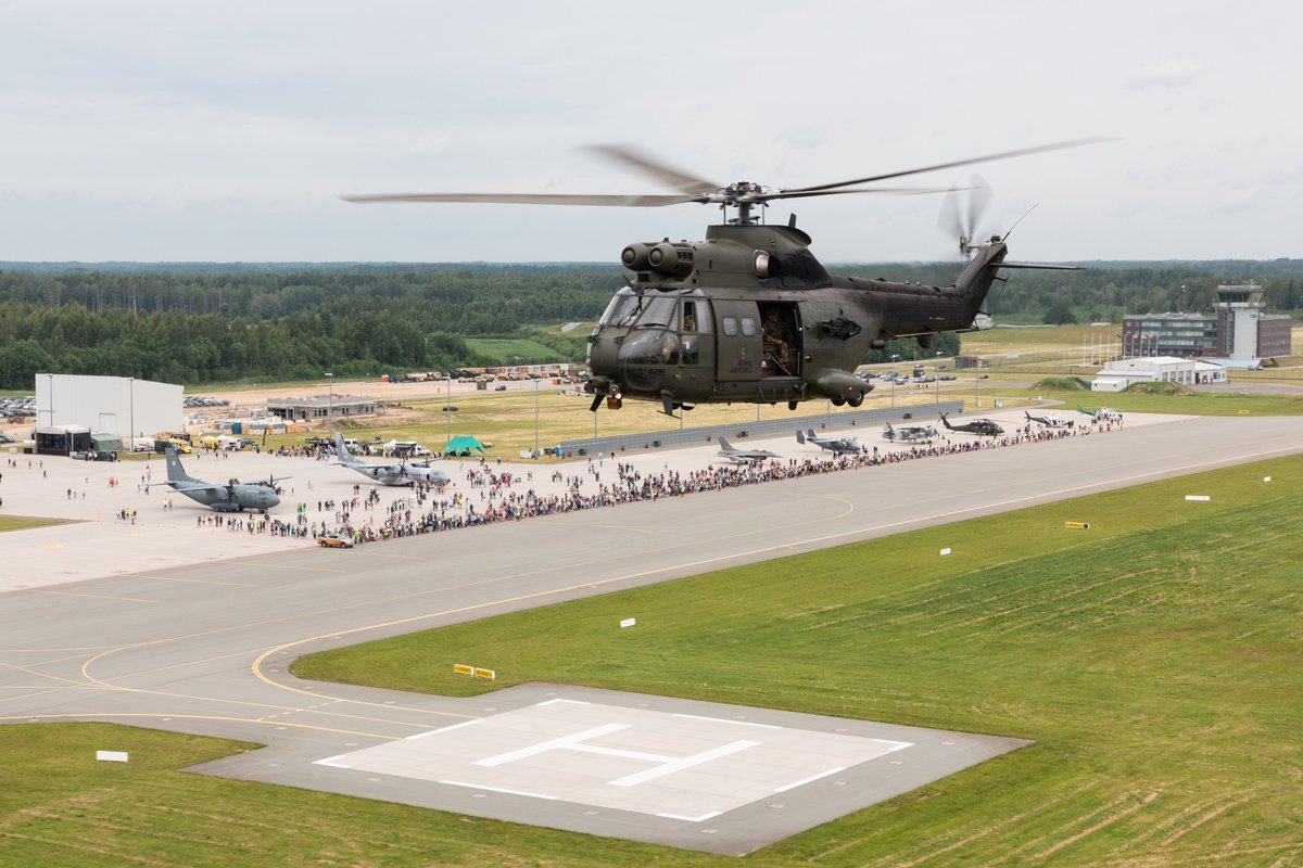 RoyalAirForce's tweet photo. Two Joint Helicopter Command Puma helicopters recently flew from their temporary operating base in Lithuania to Latvia to take part in an event celebrating the 30th Anniversary of the formation of the Latvian Air Force.

The Pumas have been in Lithuania supporting @NATO exercises https://t.co/Y5kXCIyKUQ