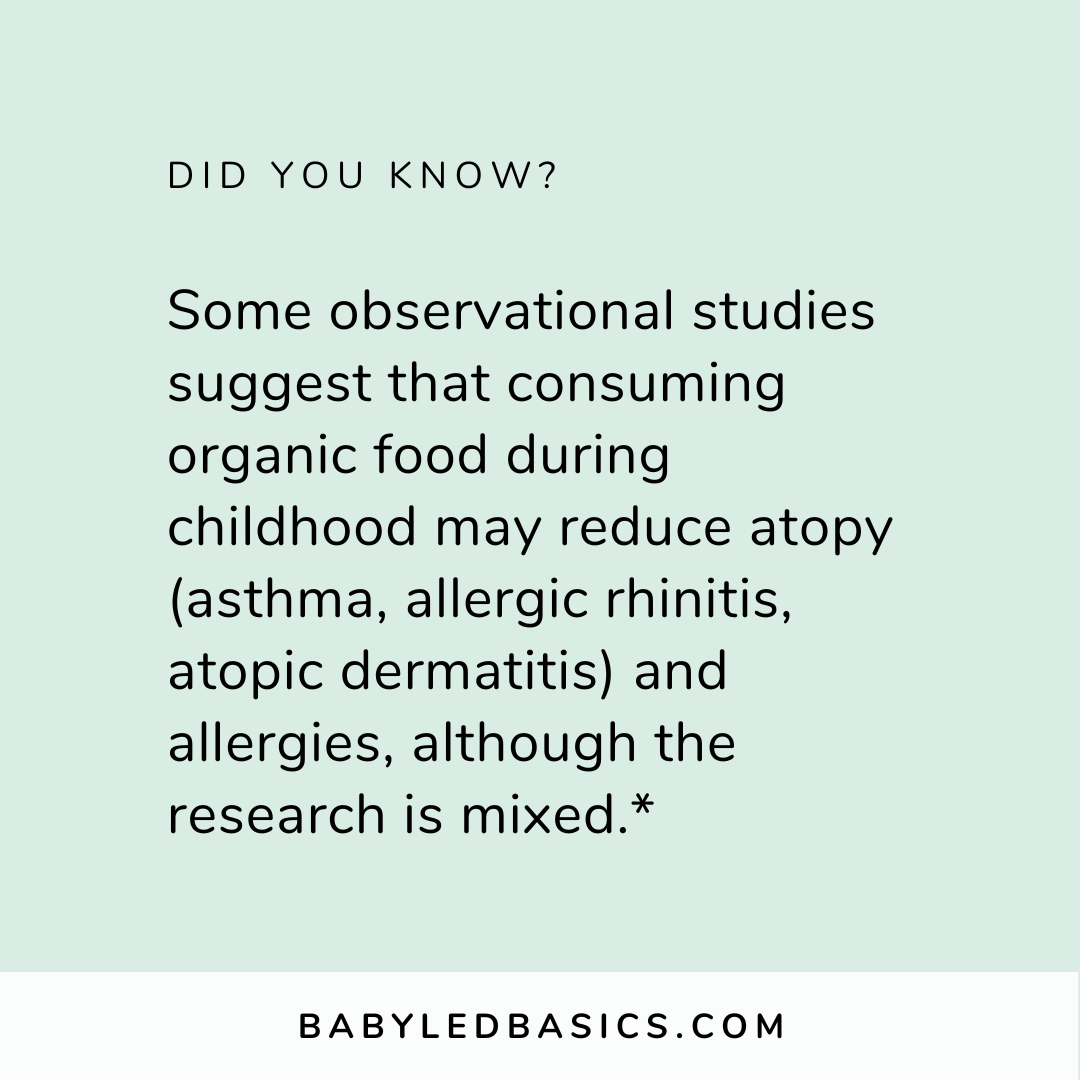 'Should you buy organic foods for your baby?' is a question that comes up a lot. The truth is the research on this topic is mixed and kinda messy. 🍎🥑🍓🥒🥕
.
🥦 Little bodies are more vulnerable to the damaging effects of pesticides, however, organic doesn't always