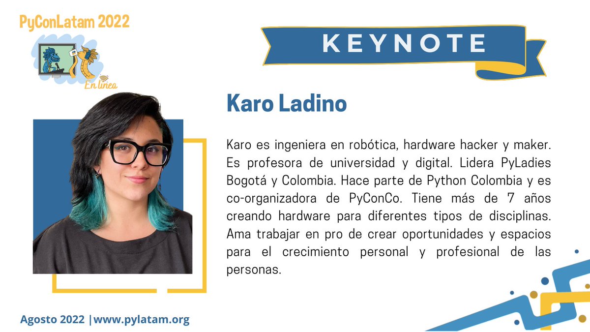 PyLatam's tweet image. 📢¡Anuncio de Keynote!

Estamos emocionados de anunciar que para la edición de #PyConLatam2022 tenemos dentro de nuestro lineup de keynotes a Karo Ladino.🎉🐍🚀

Conoce más sobre Karo: 👇
karobot.co

#Python
#PyCon
#Latam