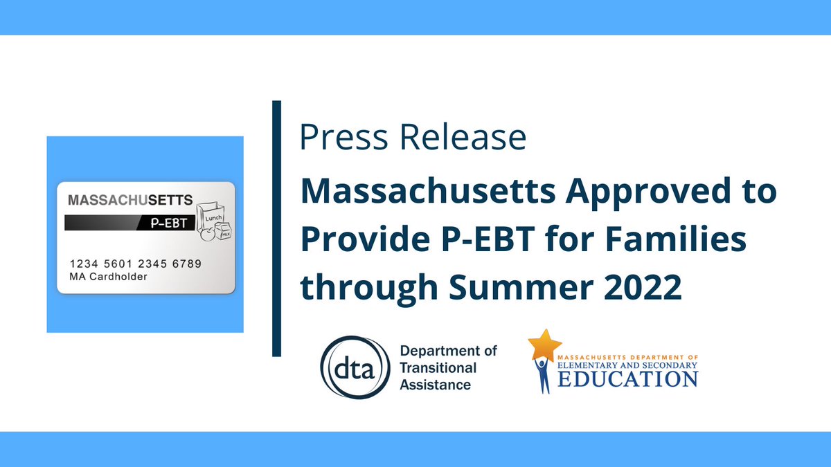 Today the Baker-Polito Administration announced that MA has received federal approval to continue P-EBT food benefits through summer 2022, supporting 500K kids &amp; bringing $200 M of federal funds into the Commonwealth.

🍈🍠🌽Press release: mass.gov/news/massachus… #MaEdu #PEBT