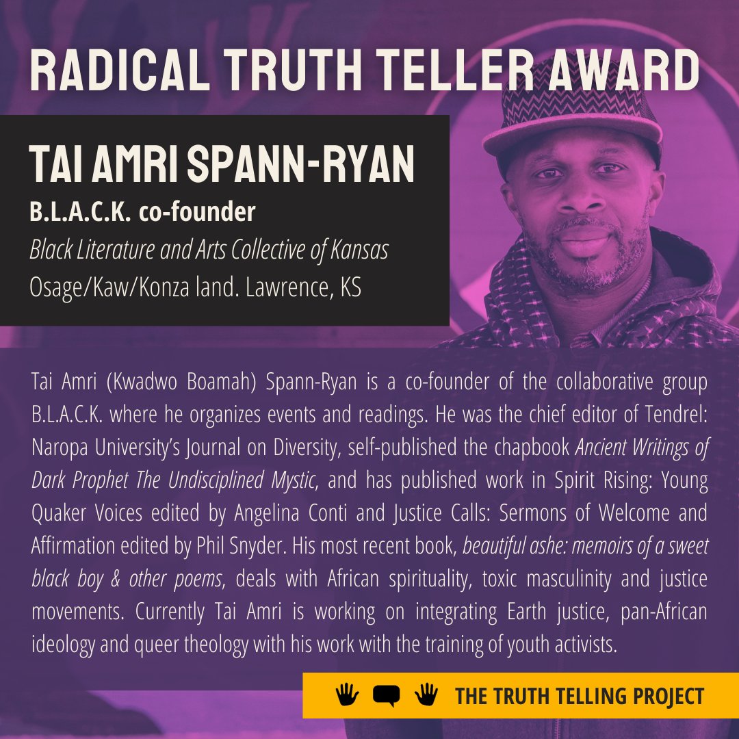 TruthTellersUSA's tweet photo. 🎉𝐂𝐨𝐧𝐠𝐫𝐚𝐭𝐬 𝐭𝐨 𝐨𝐮𝐫 𝐉𝐮𝐥𝐲 𝐑𝐚𝐝𝐢𝐜𝐚𝐥 𝐓𝐫𝐮𝐭𝐡 𝐓𝐞𝐥𝐥𝐞𝐫: 𝐓𝐚𝐢 𝐀𝐦𝐫𝐢 𝐒𝐩𝐚𝐧𝐧-𝐑𝐲𝐚𝐧! Co-founder of B.L.A.C.K. (Black Literature and Arts Collective of Kansas. 𝐌𝐞𝐞𝐭 𝐡𝐢𝐦 𝐉𝐮𝐥𝐲 7th! 𝐑𝐞𝐠𝐢𝐬𝐭𝐞𝐫 𝐡𝐞𝐫𝐞: https://t.co/6OSX21OBQ1 https://t.co/ZErv49tR7U