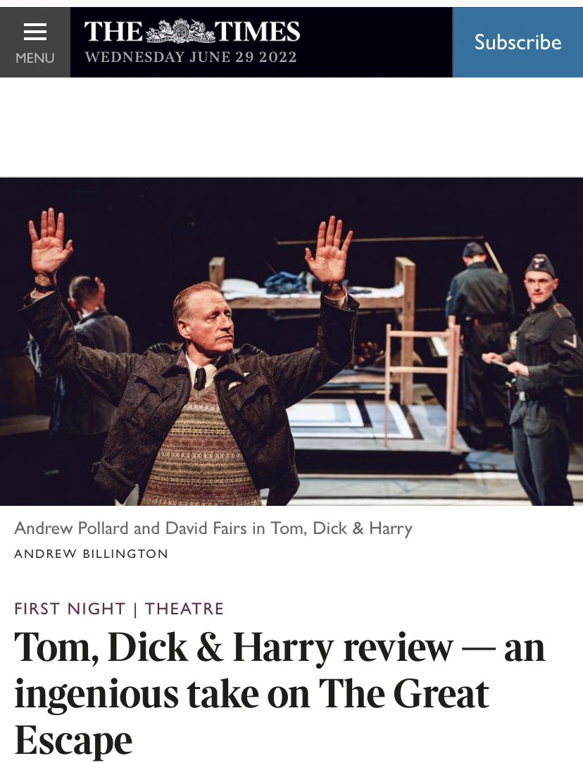 Another ⭐️⭐️⭐️⭐️ for <a href="/tomdickharryuk/">Tom Dick and Harry</a>, here from The Times! 
“David Fairs as an obsessive German guard, Giesler, provides much of the comic relief.” 
If the promise of that doesn’t sell tickets I don’t know what will.
<a href="/NewVicTheatre/">New Vic Theatre</a> until 9 July, then <a href="/Yourallypally/">Alexandra Palace</a> from 26 July