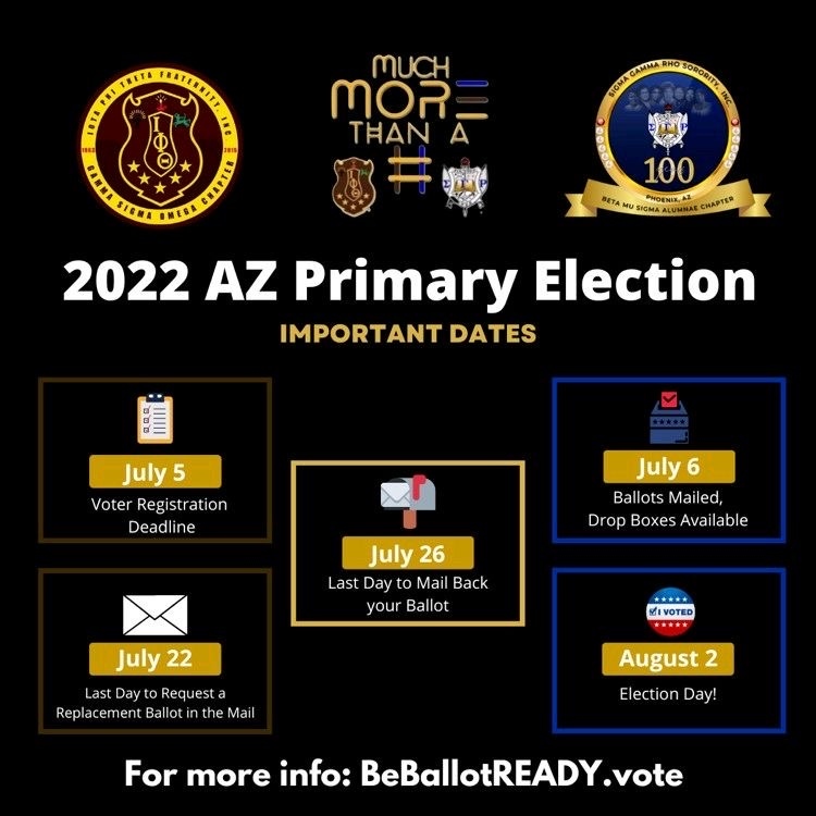 PhoenixSGRhos's tweet photo. Arizona Primary Election Timeline! #BMSSocialAction #VoterMobilization #Vote #ImportantDates #MuchMoreThanAHashtag https://t.co/AilDCC8SLj