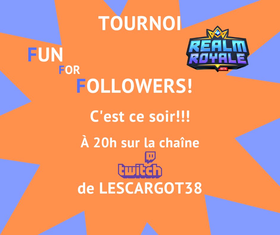 lescargot12's tweet photo. Le tournoi "Fun for Followers" que nous organisons avec @darkmimolette38 arrive ce soir sur ma chaîne https://t.co/y8qt1K2sUz pour sa toute première édition! Rendez-vous à 20h! La concurrence va être rude entre les participants sur #realmroyale #realmroyaleclips #realmroyalegame https://t.co/DCd9lLOxEk