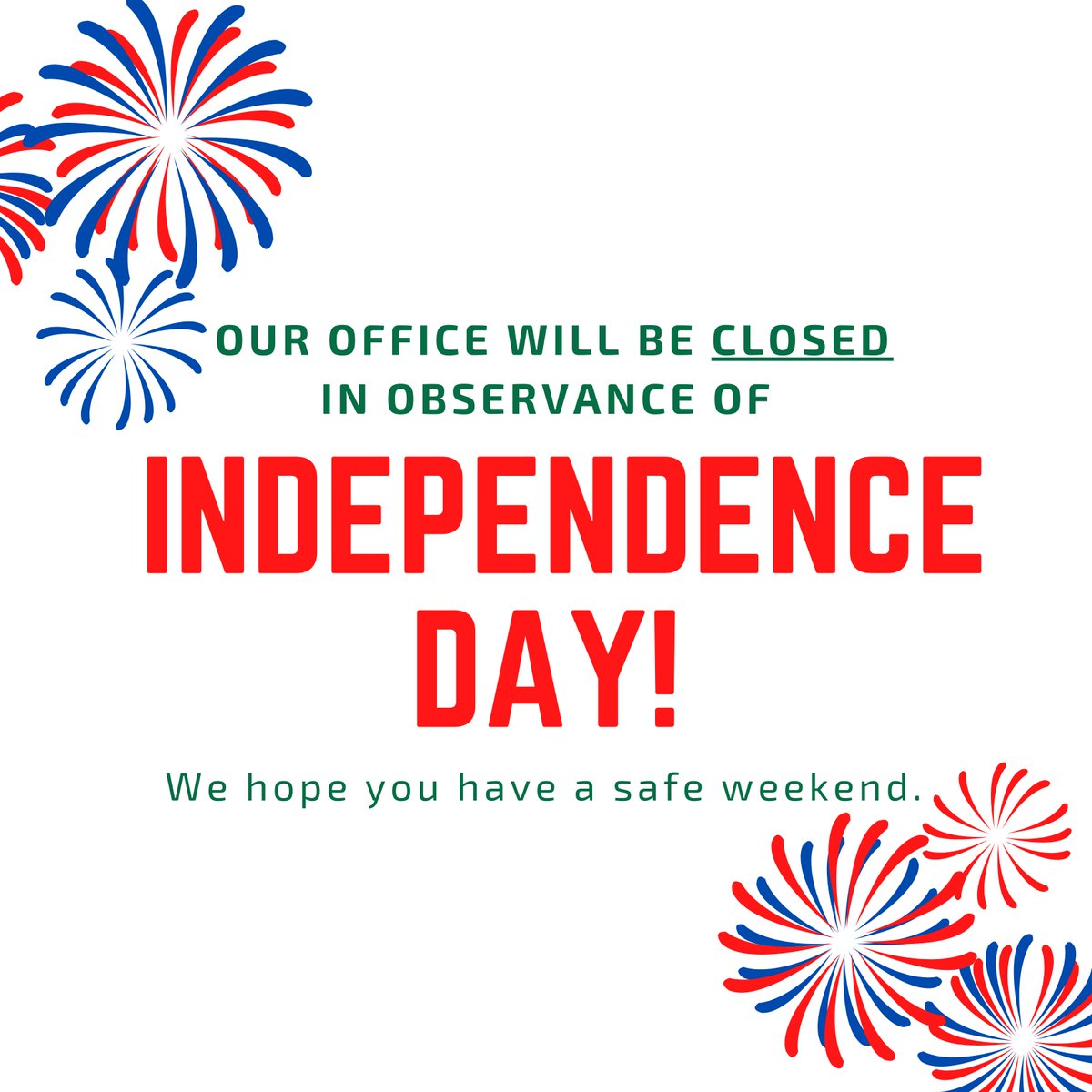 This is just a reminder that we will be out of the office on Monday, July 4th! Have a great 4th of July Weekend!