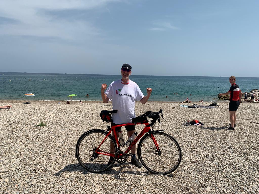 RoundaboutSheff's tweet photo. David Lipka cycled from Normandy to Nice, raising an incredible £2,900 to help us keep young people safe &amp; off the streets. 
He celebrated with a dip in the Med! 🏊💦
Thank you David for giving homeless young people the chance to turn their lives around 😊
https://t.co/hiuKqC8ihv https://t.co/xoX6OaImLS