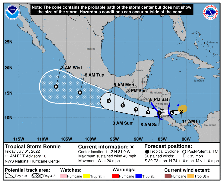 MeteoroTamps's tweet photo. Después de varios días... 😴 el #PCT2 alcanzo el estatus de tormenta tropical #Bonnie 🌀 al Suroeste del Mar Caribe.
🚩65 km/h
💨80 km/h
Tocará tierra en el extremo Sur de #Nicaragua cerca del Frontera con Costa Rica esta noche.
Muy lejos de #Tamaulipas... https://t.co/SWovslASFr