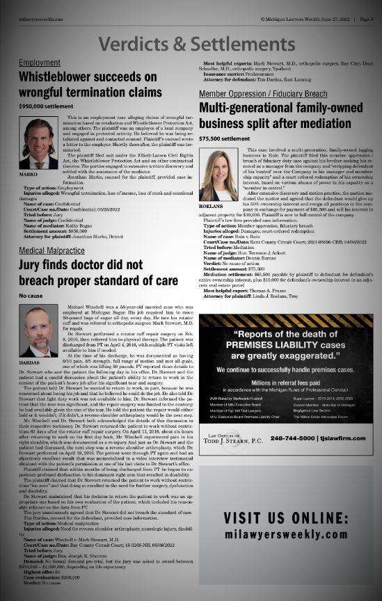 Check out the Lawyers Weekly Verdicts and Settlements write-up on Rossman, P.C. attorney Linda Roelans! Full writeup: tinyurl.com/2njyaxhm