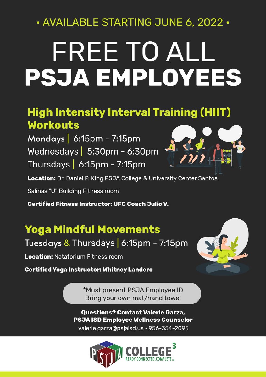 VGARZALPC's tweet photo. 📣HIIT+KICKBOXING combo was a blast instructed by UFC Coach Julio V💥🥊
Classes will resume starting July 18th!
Monday 7/18/22
HIIT 6:15pm-7:15pm
Tuesday 7/19/22
YOGA 6:15pm-7:15pm
We challenge you to take time for yourself and join us @PSJAISD 🙌🏽#PSJAWellness #PSJAFit4Life https://t.co/3Ae5kAkHNI