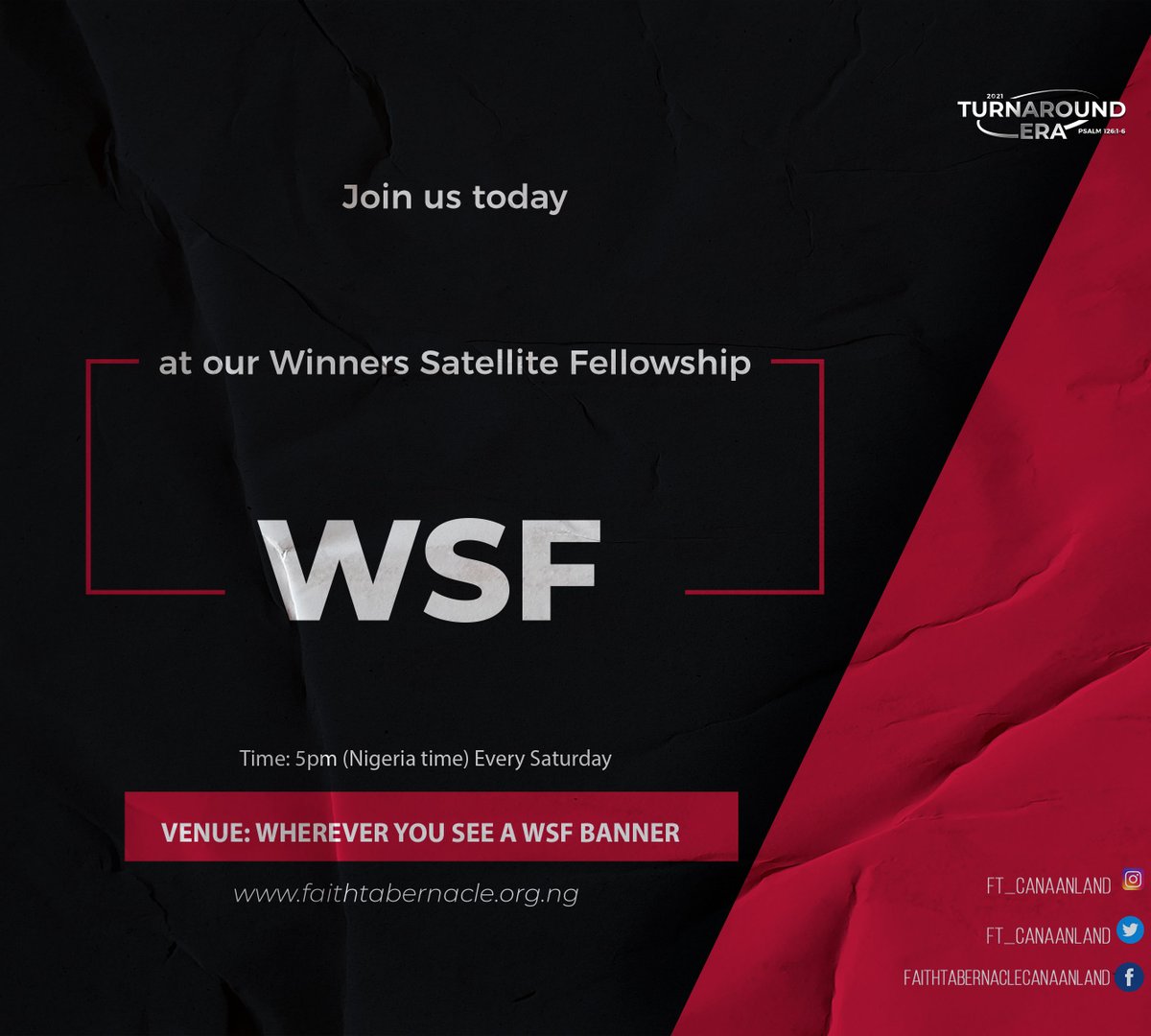 ft_canaanland's tweet photo. You are specially invited to our Winners Satellite fellowship that holds this Saturday by 5pm.
it will be a glorious time fellowship with God and other like-minded believers.
Venue: Anywhere closest to you with the WSF banner

You are going from strength to strength https://t.co/4Ot5aTT9Ym
