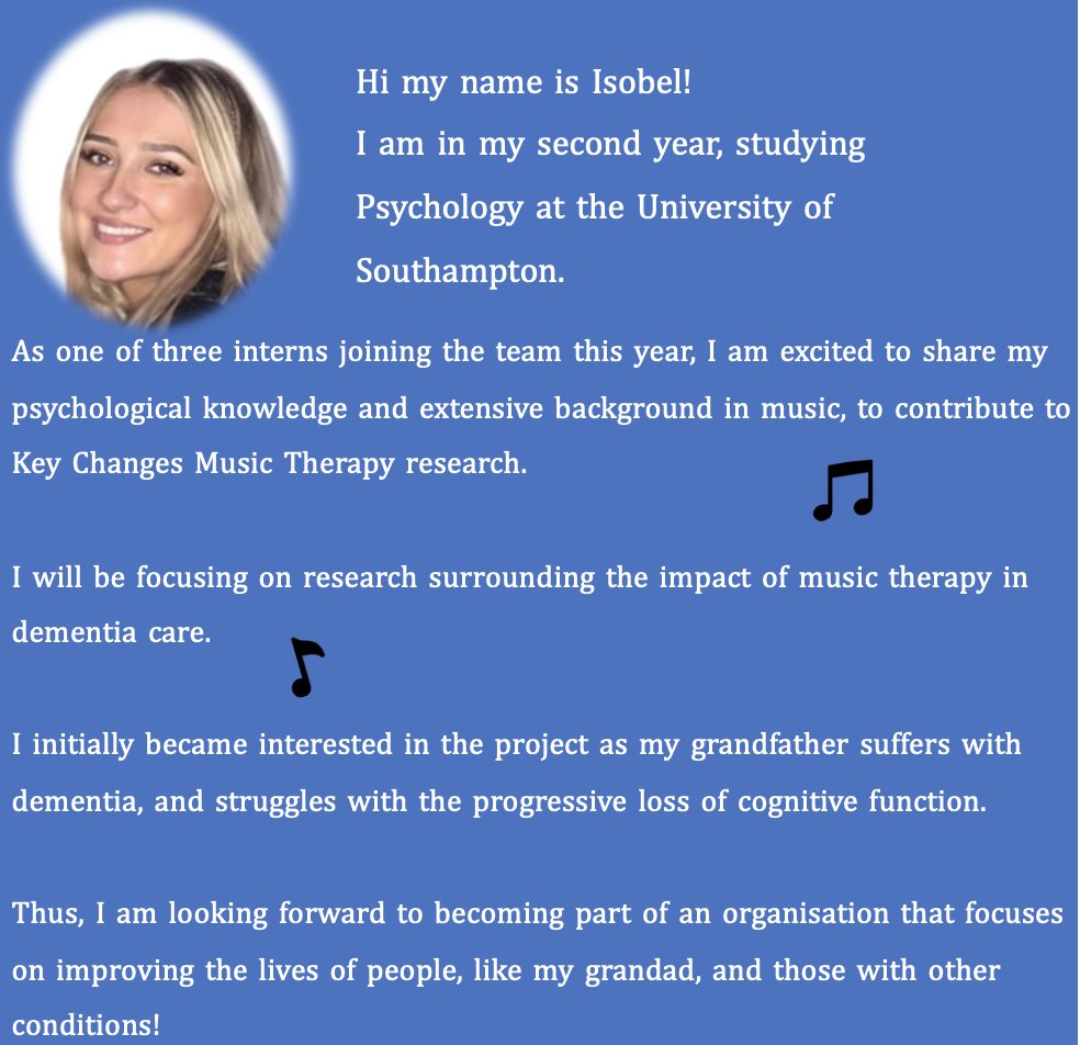 Key Changes are really pleased to be working with the University of Southampton again this year by hosting three research interns during July. 
Today, we're introducing Isobel who is focusing on dementia care.

#keychanges #musictherapy #volunteer #thankyou  #research #music