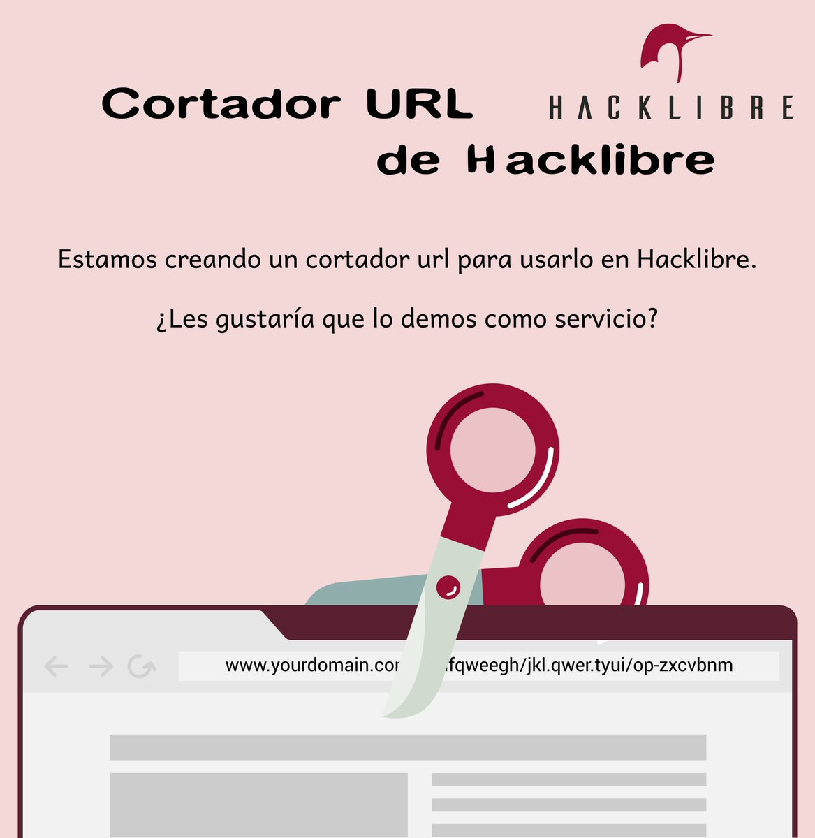 Hacklibre's tweet image. Estamos creando un cortador de URL propio de hacklibre, les interesaría poder crear sus urls desde este sistema?