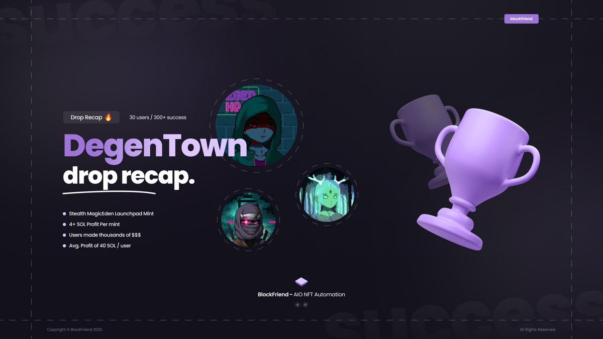 BlockFriendNFT's tweet image. Let’s celebrate - Giveaway! 🎉

More than 350 DegenTown NFT’s were secured by 30 users, with a 100% success rate. 🎊

Another release absolutely dominated by BlockFriend users. 🏆 

How to enter:
- Like, RT and Follow.
- Tag 3 friends.

2 winners gets a free BlockFriend NFT. 🎉