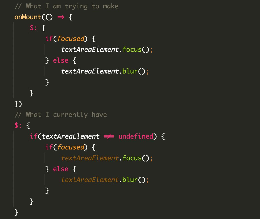 sam_mck's tweet photo. @Rich_Harris is there a way to add a reactivity block but only after an element has been mounted? I am currently binding an element to a variable and then checking in the reactive statement every time whether it is not undefined, but I feel like there's a better way to do this https://t.co/4AHMiERfTS