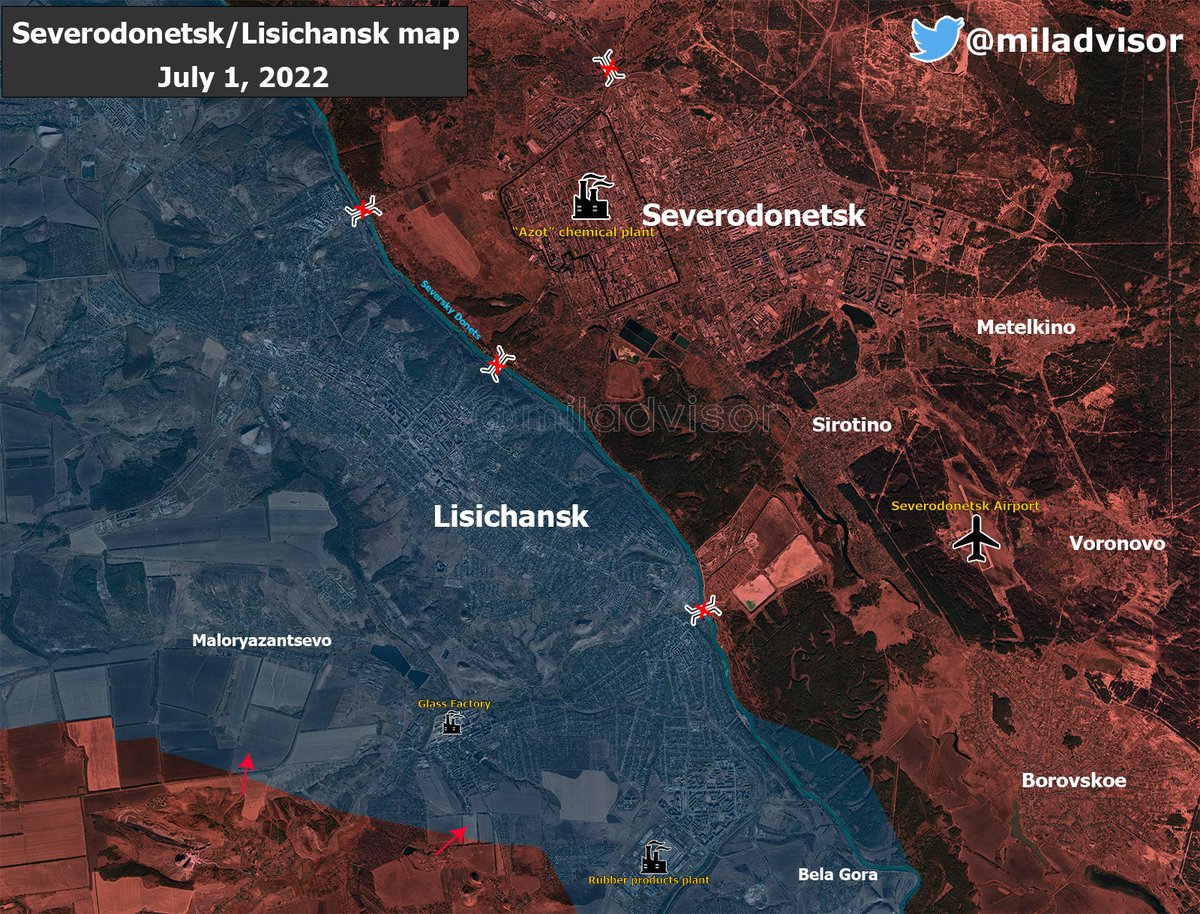 Map of the situation in #Lysychansk on 1/7/22.

LPR and Russian forces are remained on the city outskirts. Clashes continues on the southern outskirts of Lysychansk near the rubber products plant, Bela Gora,Maloryazantsevo village.
#Ukraine