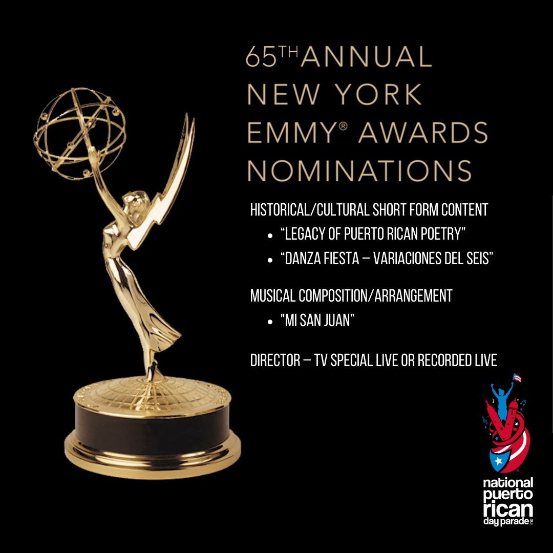 Puerto Rican Parade (@prparadenyc) on Twitter photo We’re excited to share that our 2021 TV Special on <a href="/ABC7NY/">Eyewitness News</a> received 4 NY Emmy Award nominations across 3 categories! We do what we do out of love for our community, but it’s rewarding when our content is recognized as best-in-class.
#PRParade #wepa #OrgulloBoricua #NYEmmyAwards We’re excited to share that our 2021 TV Special on <a href="/ABC7NY/">Eyewitness News</a> received 4 NY Emmy Award nominations across 3 categories! We do what we do out of love for our community, but it’s rewarding when our content is recognized as best-in-class.
#PRParade #wepa #OrgulloBoricua #NYEmmyAwards